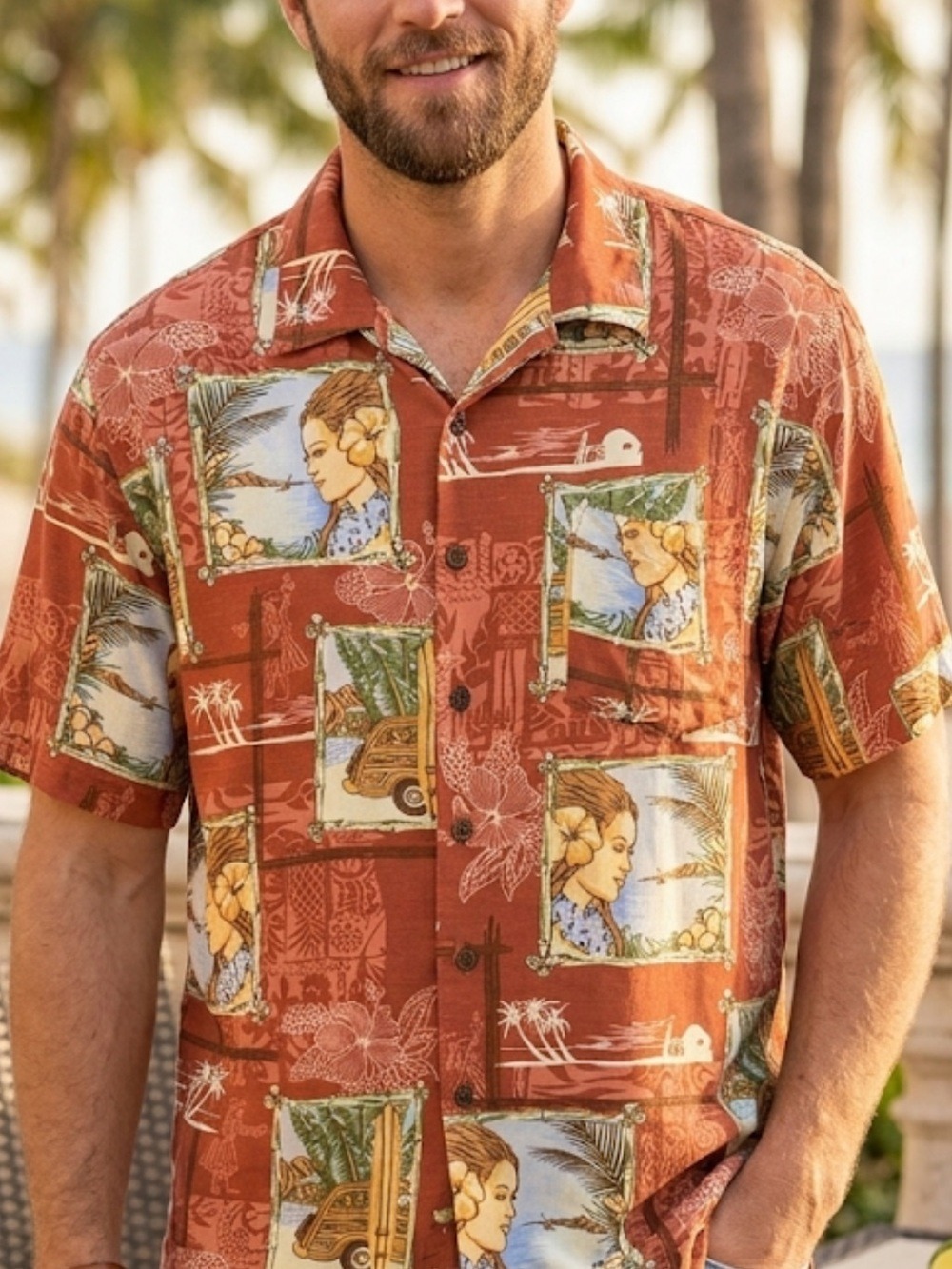 BERMUDA BAY 100% Silk Hawaiian Shirt Tropical Camp Button Up Men’s Size L